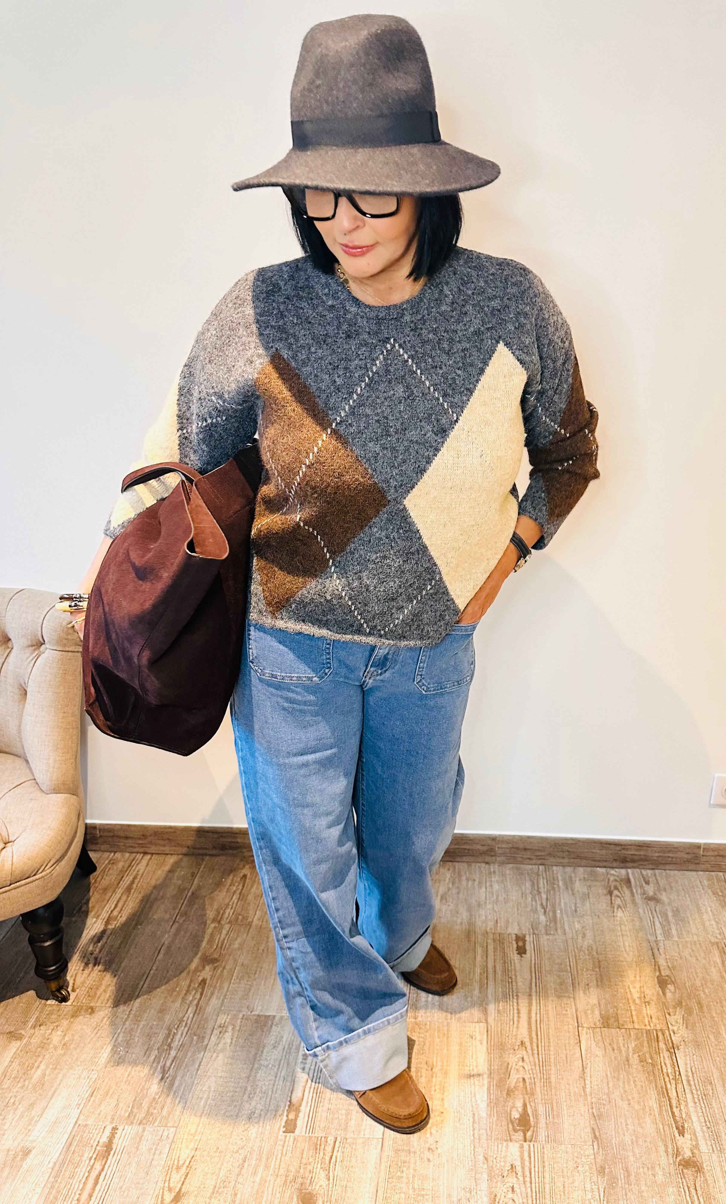 Pull jacquard gris en maille avec touche de laine