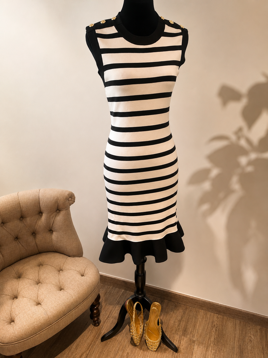 Robe rayée à volant et boutons dorés aux épaules